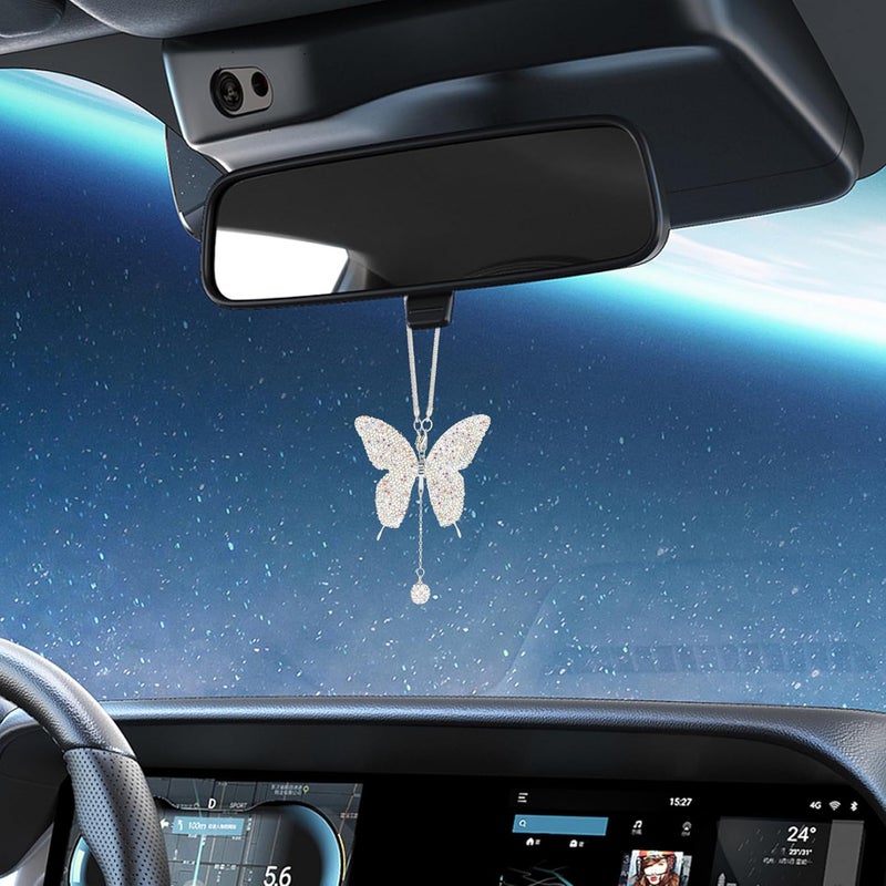 Couslcd Bling Butterfly Diamond Car Accessories, Crystal Car Rear View Mirror Charms for Women, Auto Decoration Lucky Hanging Interior Crystal Ornament Pendant Decor for All Cars (AB) - Image 5